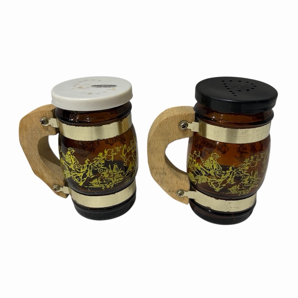 Vintage Beer Mug Glass California Wood Handled Salt+Pepper Shakers 3.5" Inch‎
